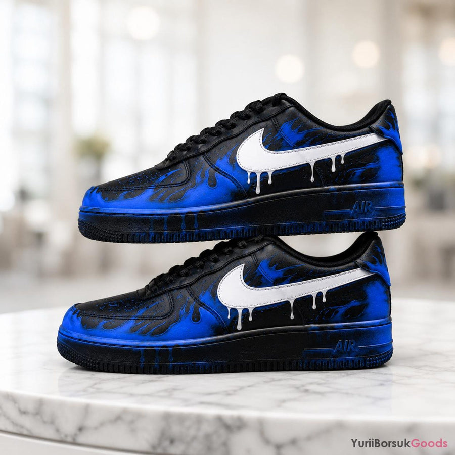 Hand-Painted Blue Flame Drip AF1 Low Sneakers, Custom Wedding Art (Made to Order)