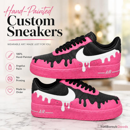 Hand-Painted Custom AF1 Low Sneakers, Black Fuchsia Drip Art, Wedding Gift