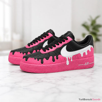 Hand-Painted Custom AF1 Low Sneakers, Black Fuchsia Drip Art, Wedding Gift