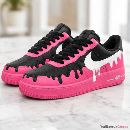 Hand-Painted Custom AF1 Low Sneakers, Black Fuchsia Drip Art, Wedding Gift