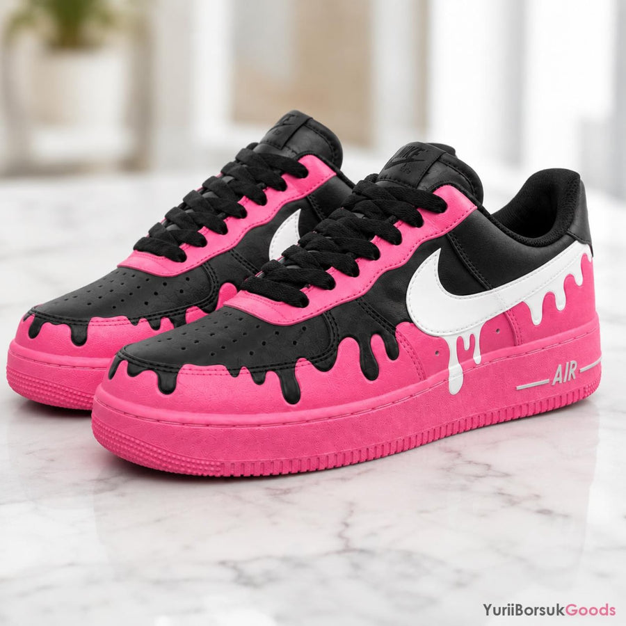Hand-Painted Custom AF1 Low Sneakers, Black Fuchsia Drip Art, Wedding Gift