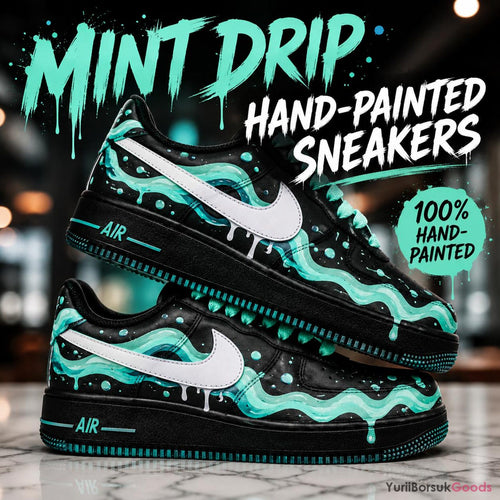 Hand-Painted Mint Drip AF1 Sneakers, Black Aqua Teal Wave Art (Custom)