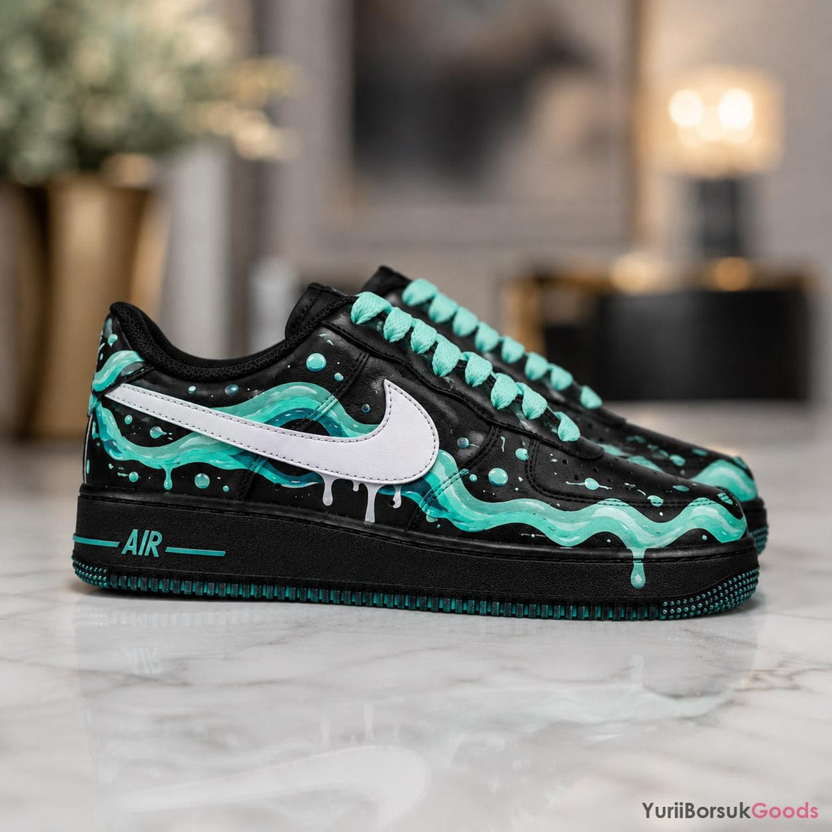 Hand-Painted Mint Drip AF1 Sneakers, Black Aqua Teal Wave Art (Custom)