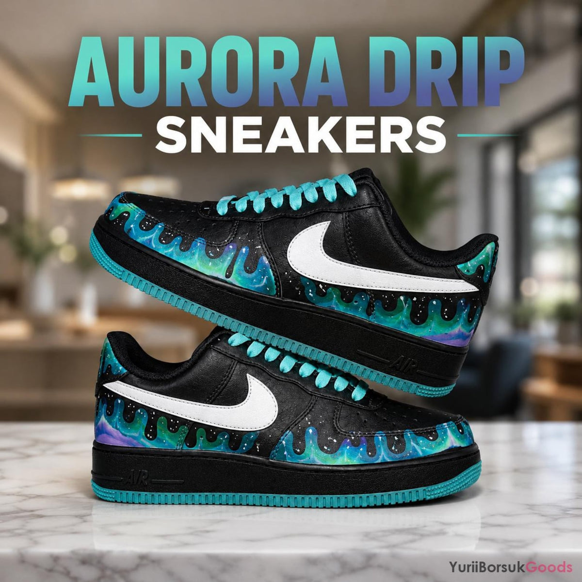 Hand-Painted Aurora Drip Sneakers, Teal Northern Lights Art, Custom AF1 Low (Wedding Gift)