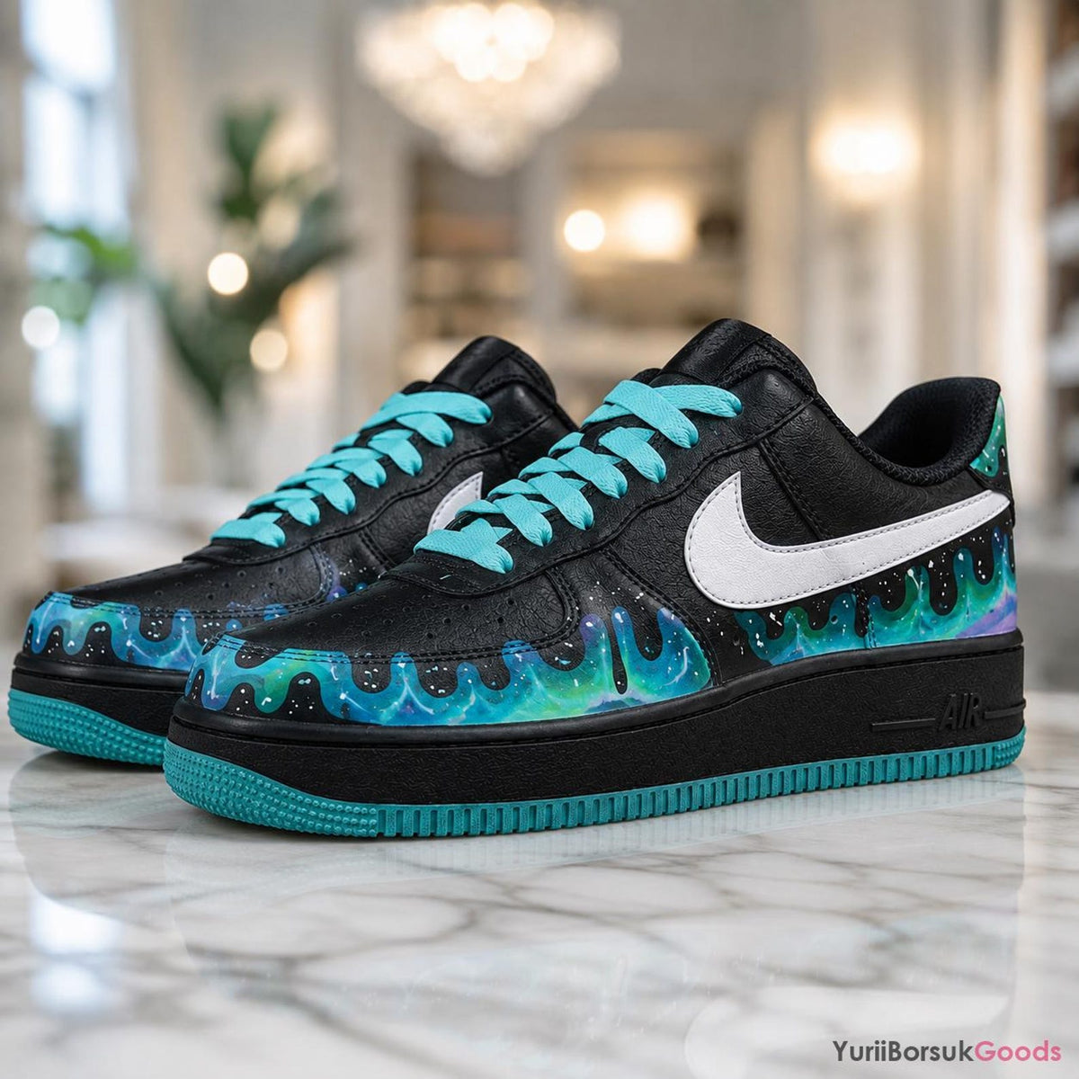 Hand-Painted Aurora Drip Sneakers, Teal Northern Lights Art, Custom AF1 Low (Wedding Gift)