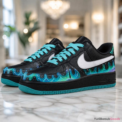 Hand-Painted Aurora Drip Sneakers, Teal Northern Lights Art, Custom AF1 Low (Wedding Gift)