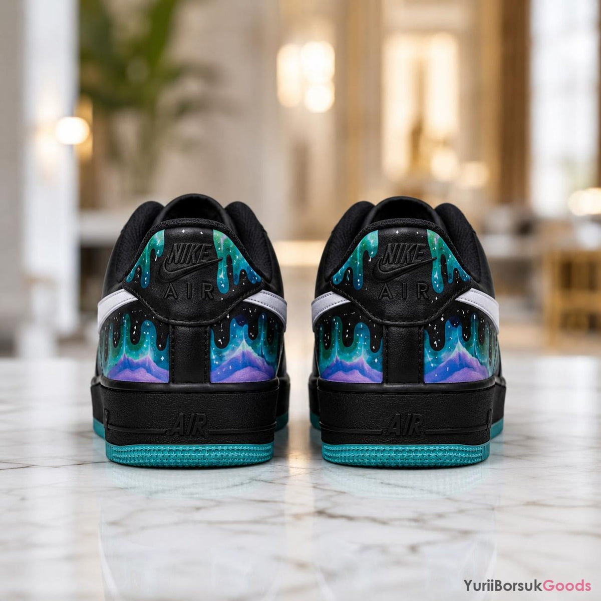 Hand-Painted Aurora Drip Sneakers, Teal Northern Lights Art, Custom AF1 Low (Wedding Gift)