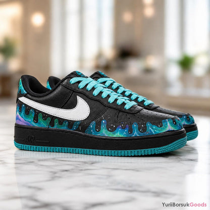 Hand-Painted Aurora Drip Sneakers, Teal Northern Lights Art, Custom AF1 Low (Wedding Gift)
