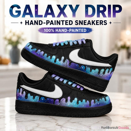 Hand-Painted Galaxy Drip Sneakers, Purple Cyan Gradient Laces, Custom AF1 Low (100% Hand-Painted)