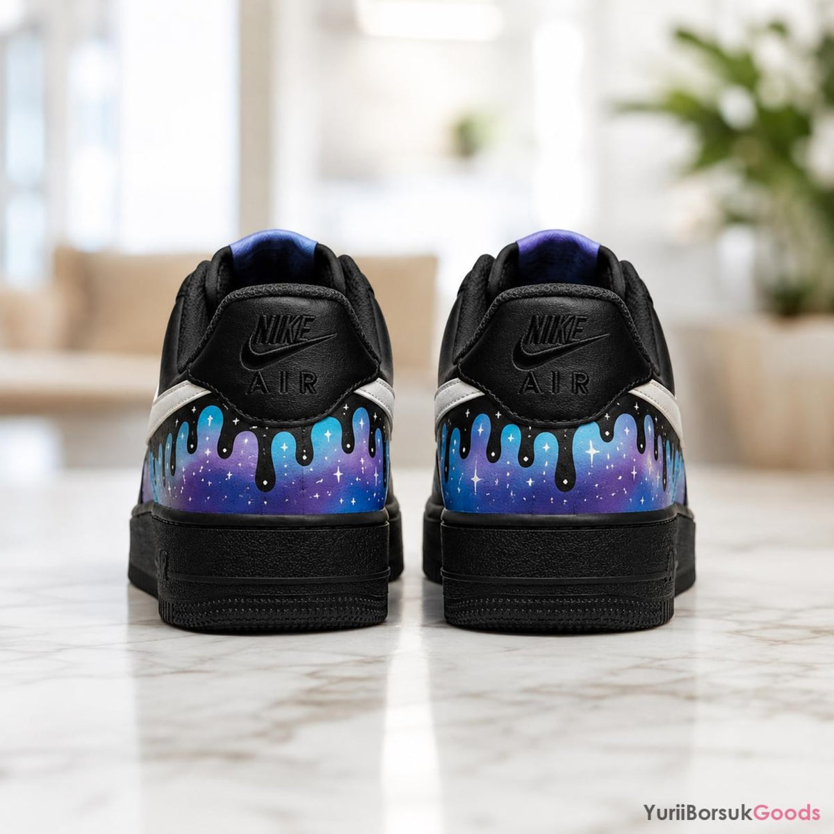 Hand-Painted Galaxy Drip Sneakers, Purple Cyan Gradient Laces, Custom AF1 Low (100% Hand-Painted)