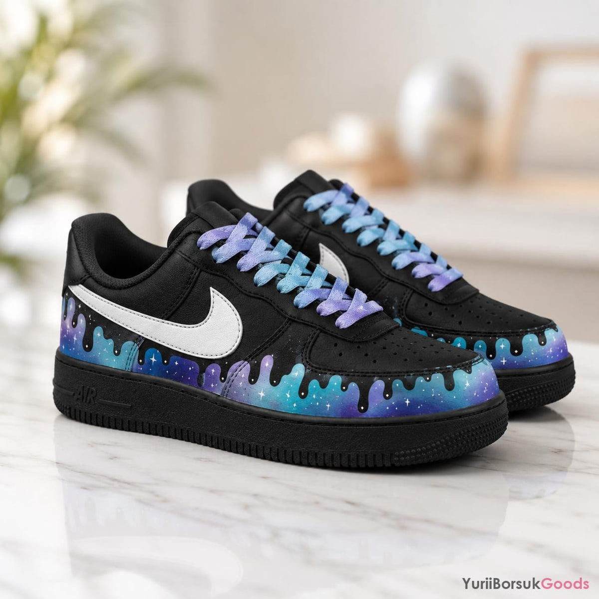 Hand-Painted Galaxy Drip Sneakers, Purple Cyan Gradient Laces, Custom AF1 Low (100% Hand-Painted)