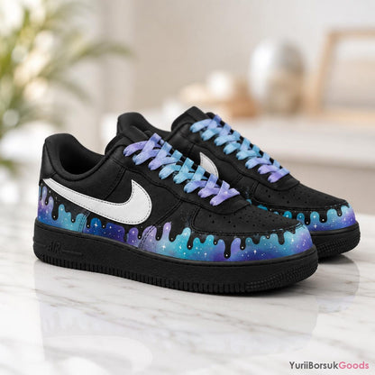 Hand-Painted Galaxy Drip Sneakers, Purple Cyan Gradient Laces, Custom AF1 Low (100% Hand-Painted)