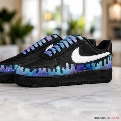 Hand-Painted Galaxy Drip Sneakers, Purple Cyan Gradient Laces, Custom AF1 Low (100% Hand-Painted)