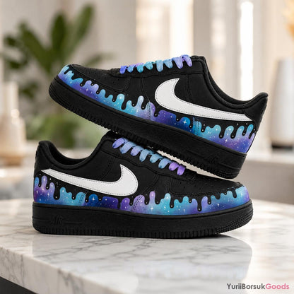 Hand-Painted Galaxy Drip Sneakers, Purple Cyan Gradient Laces, Custom AF1 Low (100% Hand-Painted)