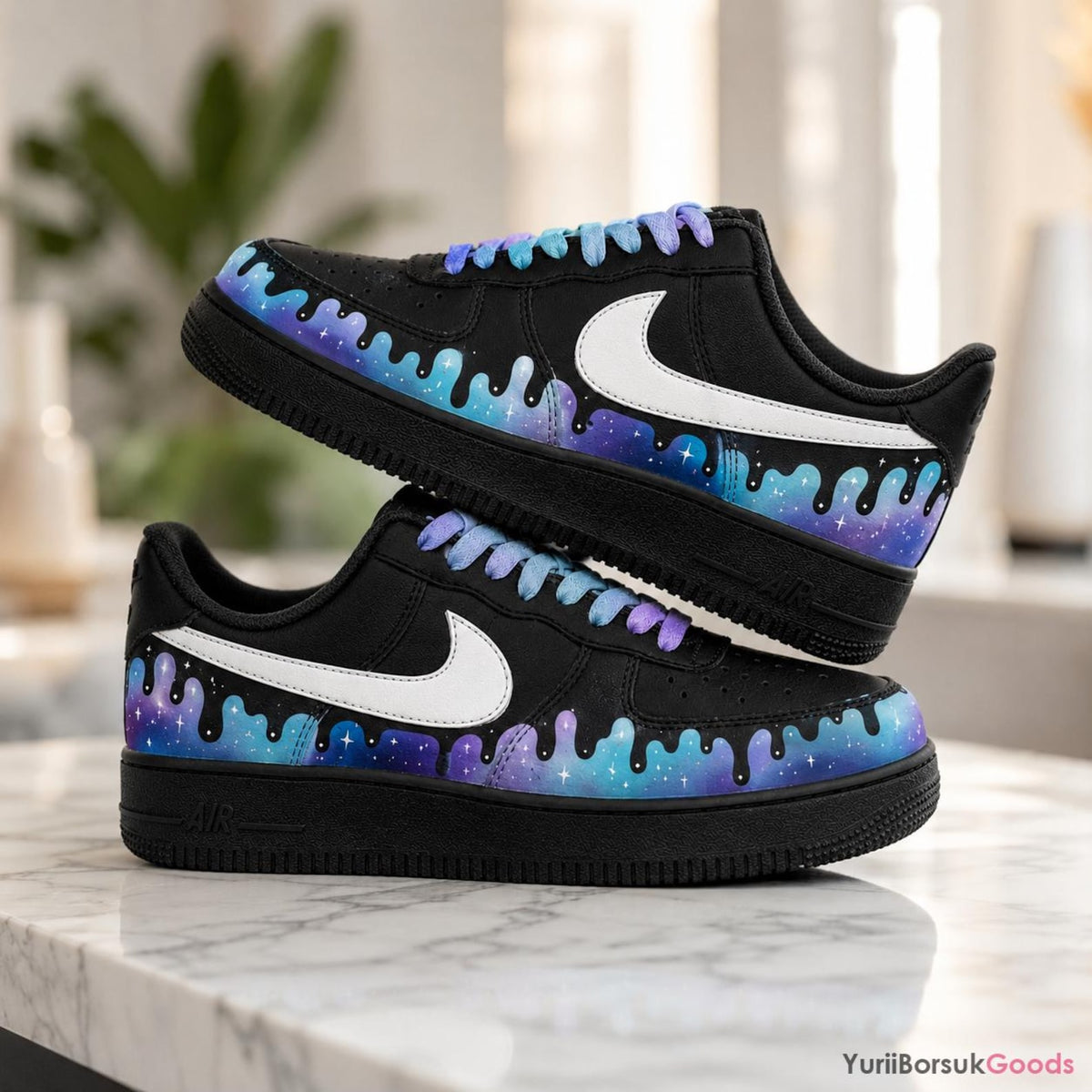 Hand-Painted Galaxy Drip Sneakers, Purple Cyan Gradient Laces, Custom AF1 Low (100% Hand-Painted)