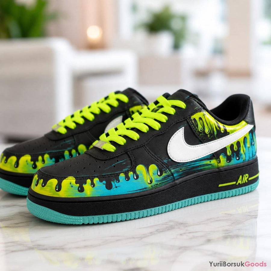 Custom Hand-Painted Neon Drip Sneakers, Cyan Black Splash Art AF1 Low (Personalized)