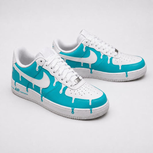 Custom Soft Cyan Drip Color AF1 Sneakers | Hand Painted Streetwear Footwear