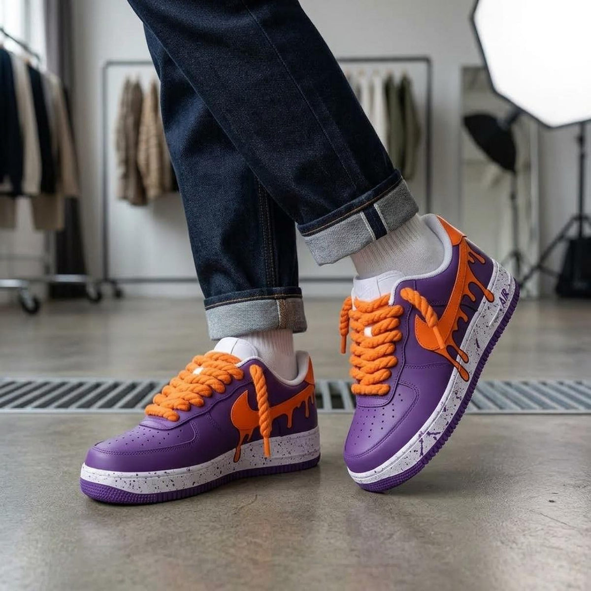 Purple Drip Sneakers, Orange Custom Shoes, Paint Splatter AF1, Hand Painted Streetwear