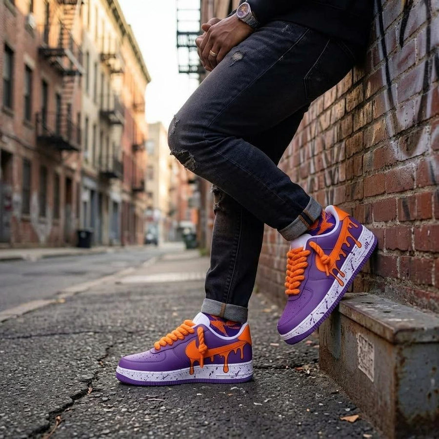 Purple Drip Sneakers, Orange Custom Shoes, Paint Splatter AF1, Hand Painted Streetwear