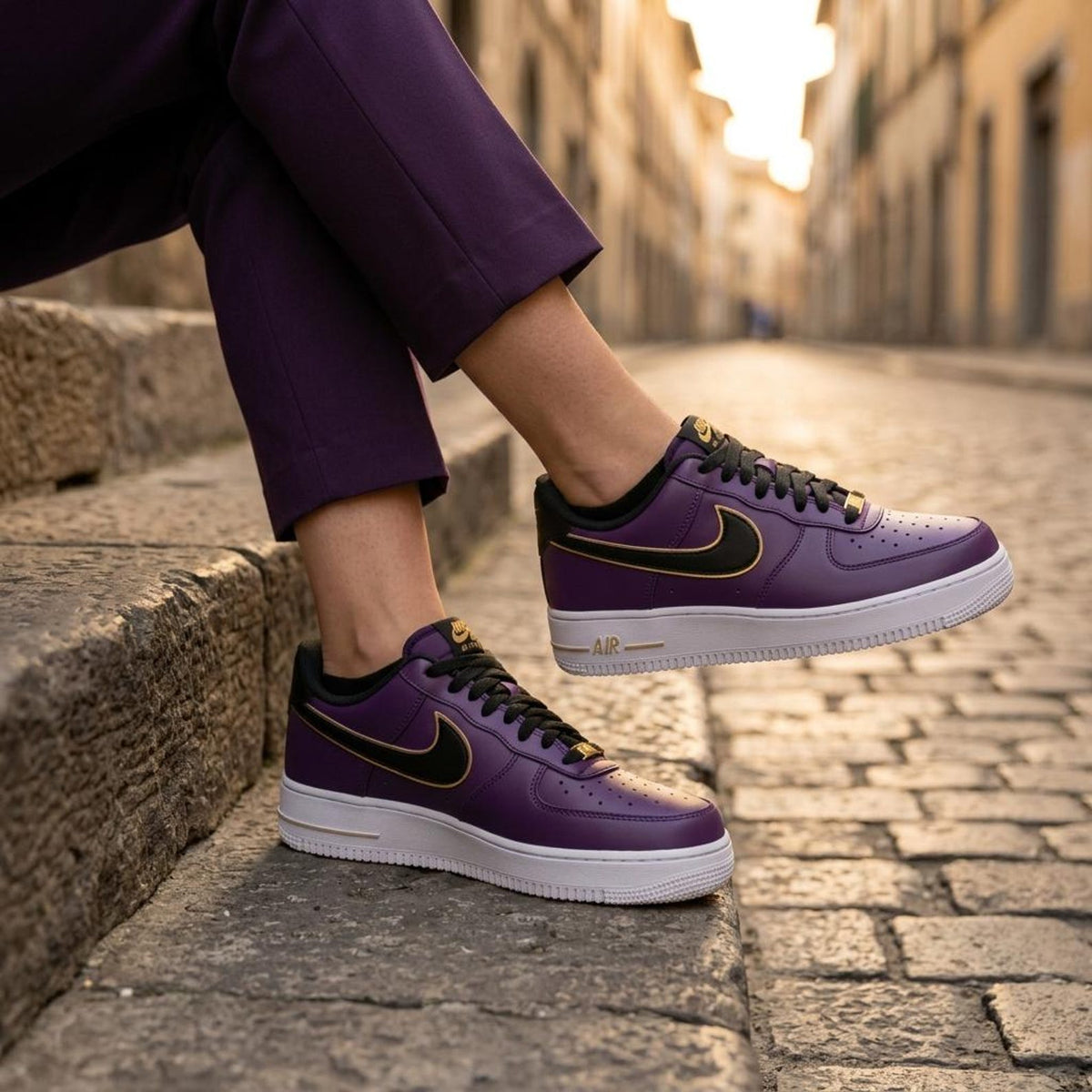 Purple Custom Sneakers, Black Gold AF1, Hand Painted Shoes, Luxury Streetwear