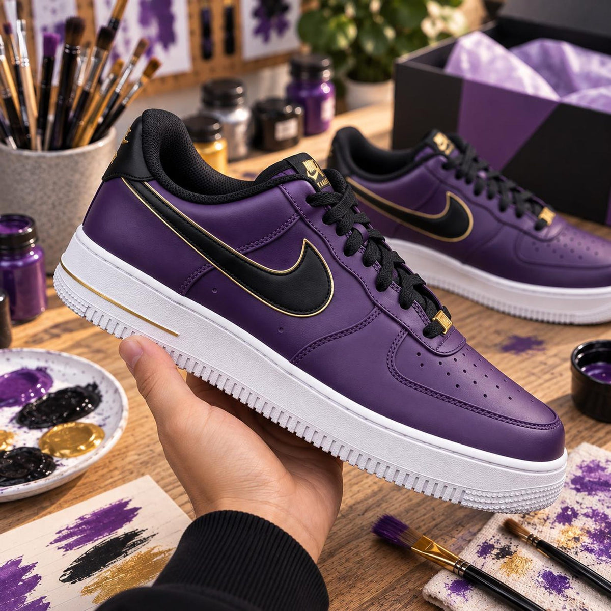 Purple Custom Sneakers, Black Gold AF1, Hand Painted Shoes, Luxury Streetwear