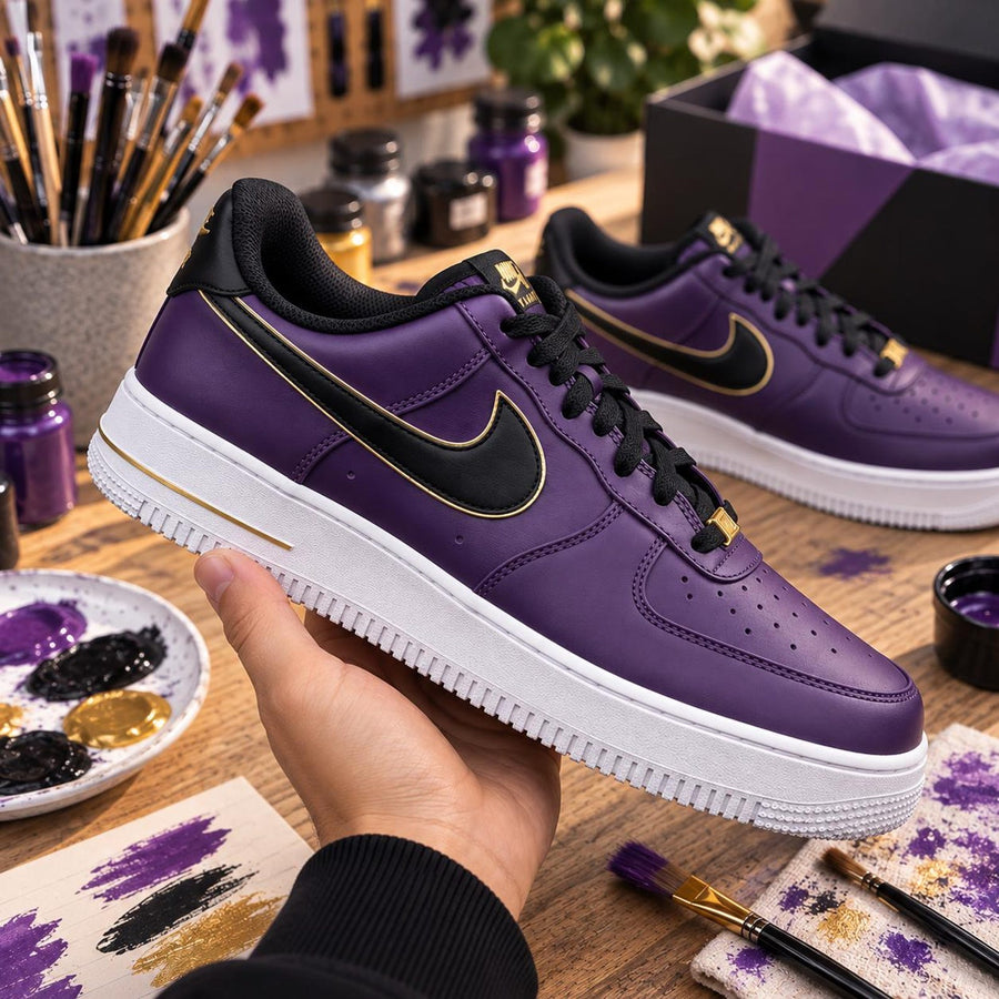Purple Custom Sneakers, Black Gold AF1, Hand Painted Shoes, Luxury Streetwear