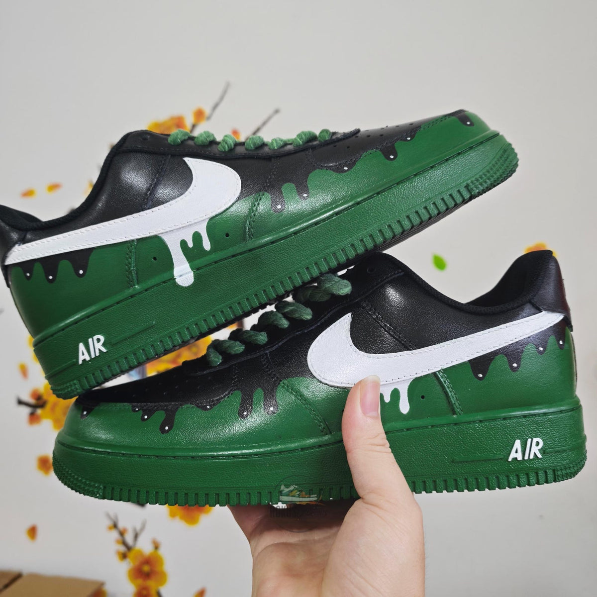 Custom Air Force 1 Drip Sneakers Green Black AF1 Shoes, Hand Painted Streetwear Sneakers, Sneakerhead Gift