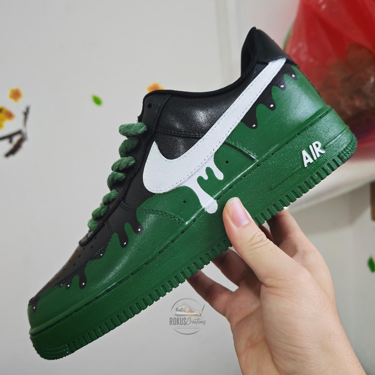 Custom Air Force 1 Drip Sneakers Green Black AF1 Shoes, Hand Painted Streetwear Sneakers, Sneakerhead Gift