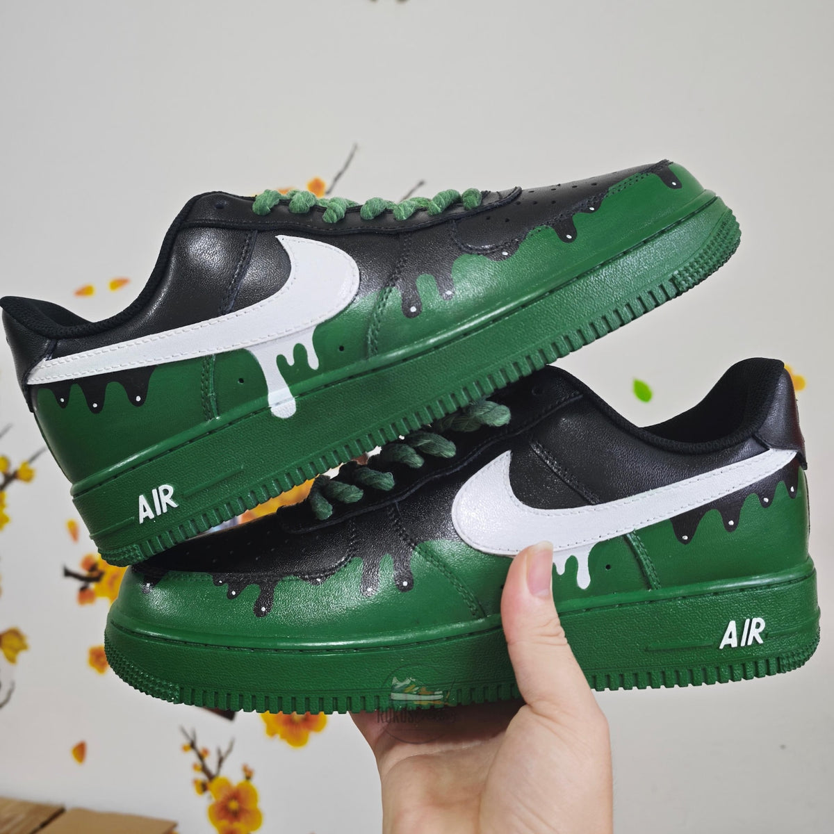 Custom Air Force 1 Drip Sneakers Green Black AF1 Shoes, Hand Painted Streetwear Sneakers, Sneakerhead Gift