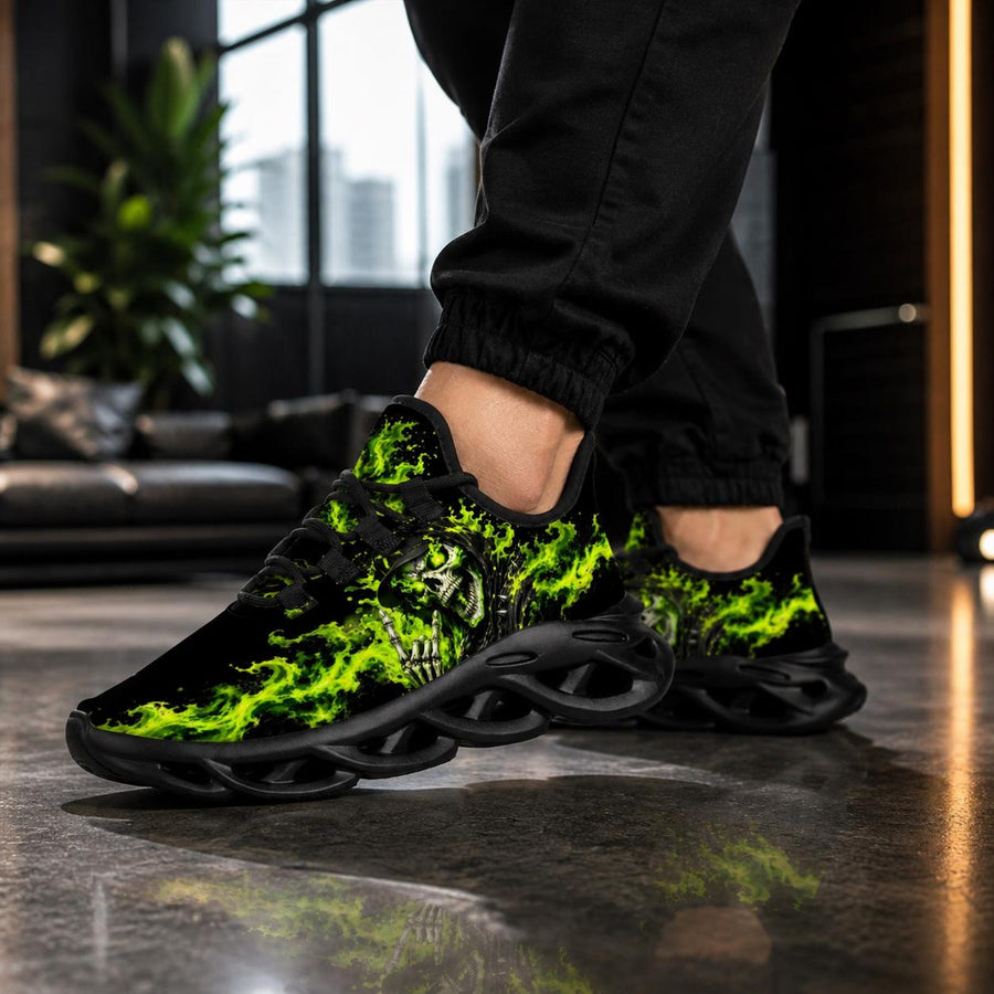 Skull Flame Sneakers for Men Women, Gothic Running Shoes, Green Fire Grim Reaper Design, Alternative Streetwear Gift