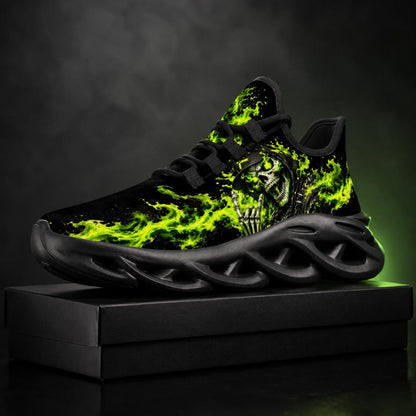 Skull Flame Sneakers for Men Women, Gothic Running Shoes, Green Fire Grim Reaper Design, Alternative Streetwear Gift