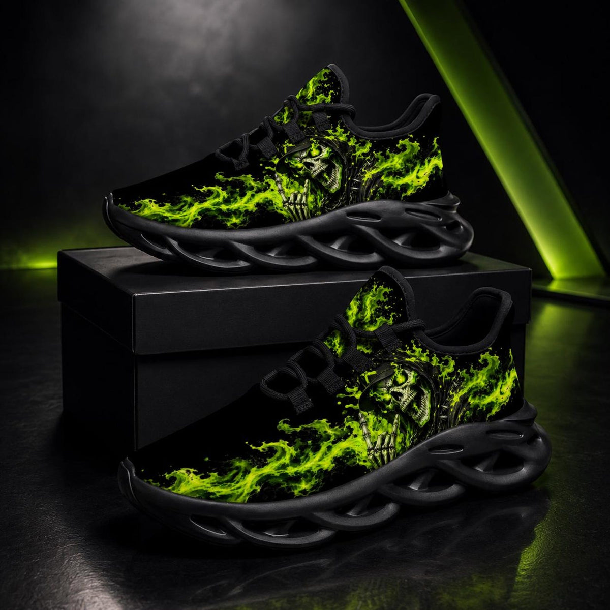 Skull Flame Sneakers for Men Women, Gothic Running Shoes, Green Fire Grim Reaper Design, Alternative Streetwear Gift