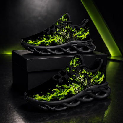 Skull Flame Sneakers for Men Women, Gothic Running Shoes, Green Fire Grim Reaper Design, Alternative Streetwear Gift