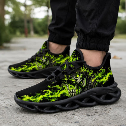 Skull Flame Sneakers for Men Women, Gothic Running Shoes, Green Fire Grim Reaper Design, Alternative Streetwear Gift