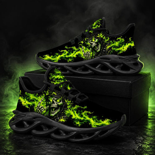 Skull Flame Sneakers for Men Women, Gothic Running Shoes, Green Fire Grim Reaper Design, Alternative Streetwear Gift