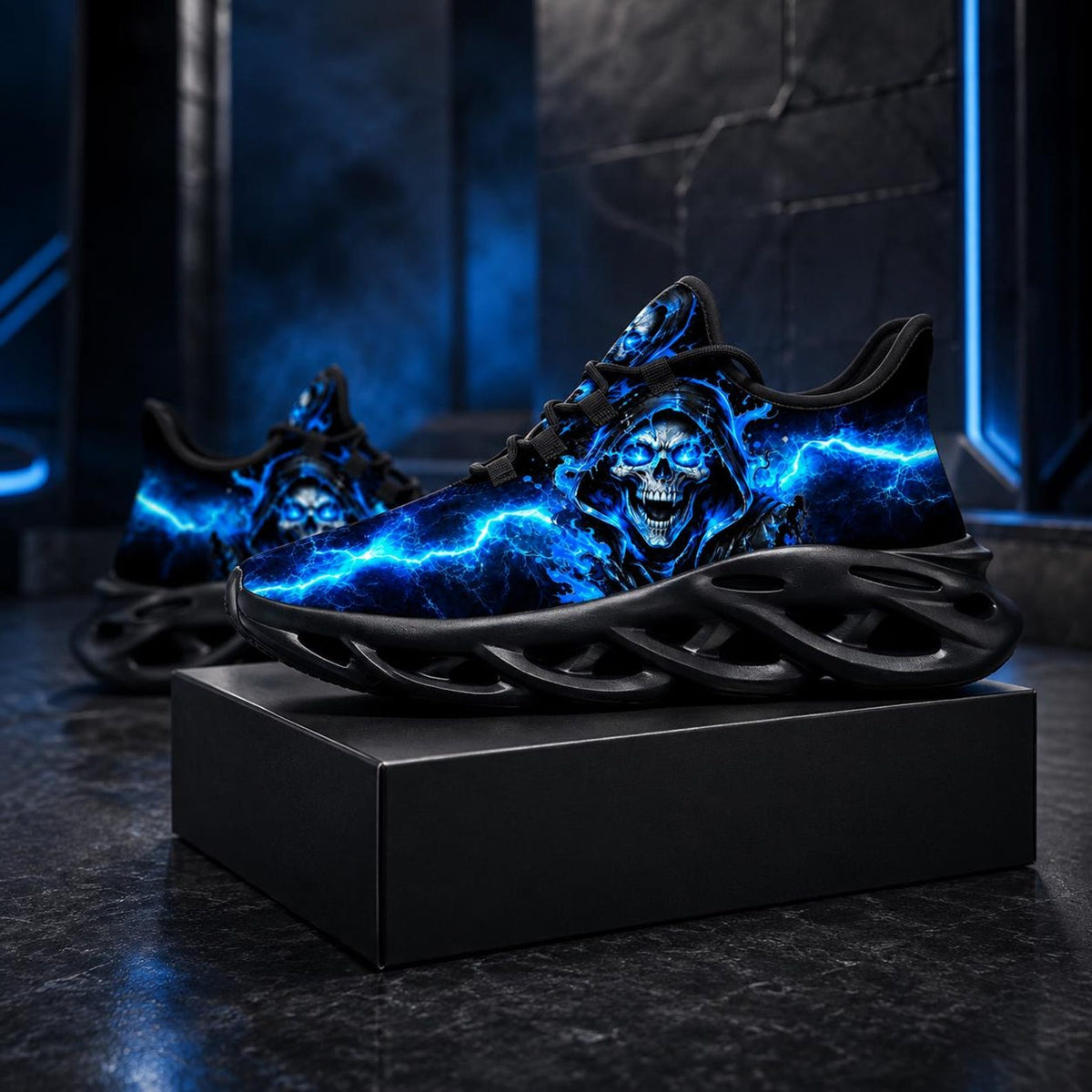 Blue Skull Sneakers for Men & Women, Gothic Lightning Running Shoes, Dark Alternative Trainers, Halloween Gift