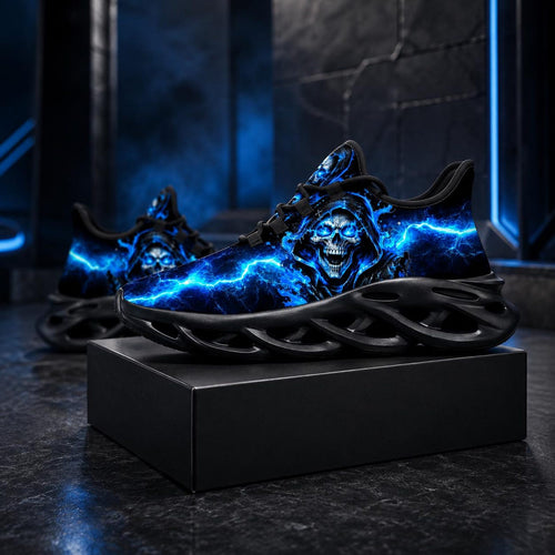Blue Skull Sneakers for Men & Women, Gothic Lightning Running Shoes, Dark Alternative Trainers, Halloween Gift