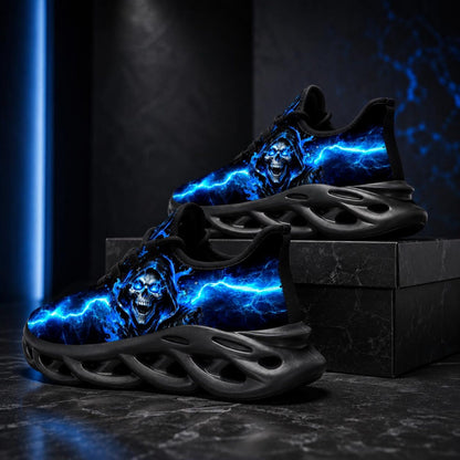 Blue Skull Sneakers for Men & Women, Gothic Lightning Running Shoes, Dark Alternative Trainers, Halloween Gift