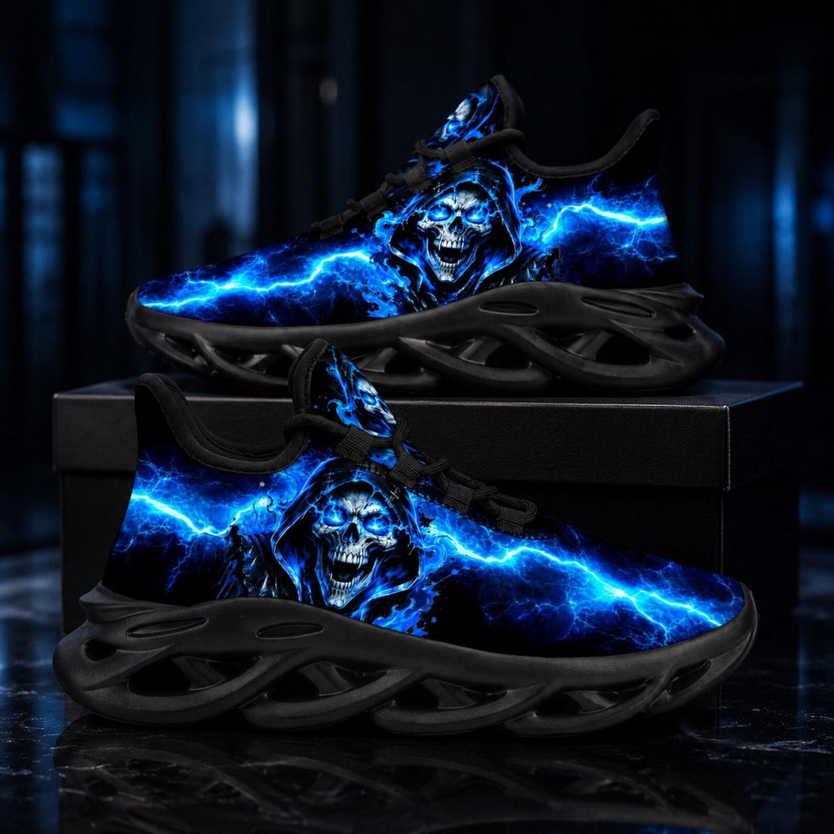 Blue Skull Sneakers for Men & Women, Gothic Lightning Running Shoes, Dark Alternative Trainers, Halloween Gift