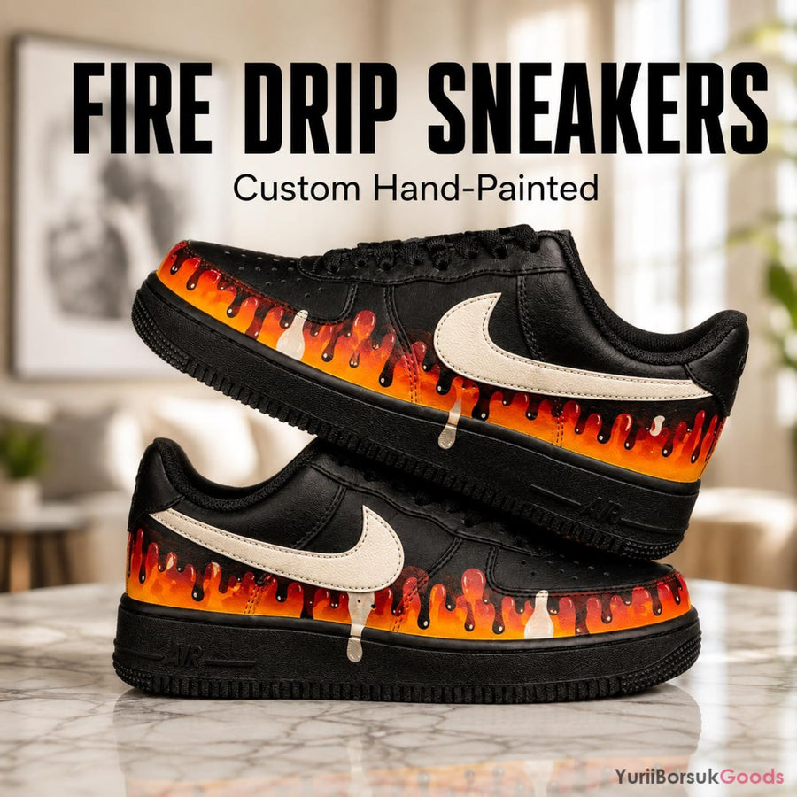 Custom Hand-Painted Fire Drip Air Force 1 Sneakers, Personalized Streetwear Gift