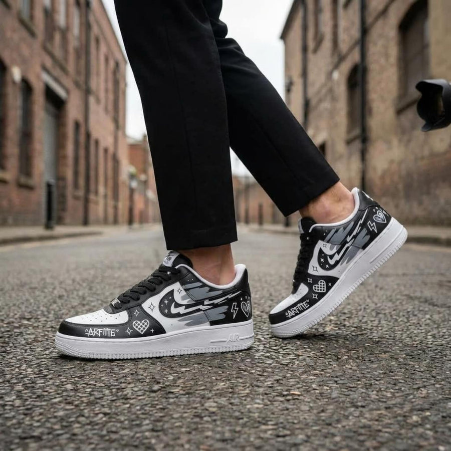 Custom AF1 Sneakers, Black White Graffiti Shoes, Hand Painted Doodle Streetwear