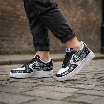 Custom AF1 Sneakers, Black White Graffiti Shoes, Hand Painted Doodle Streetwear