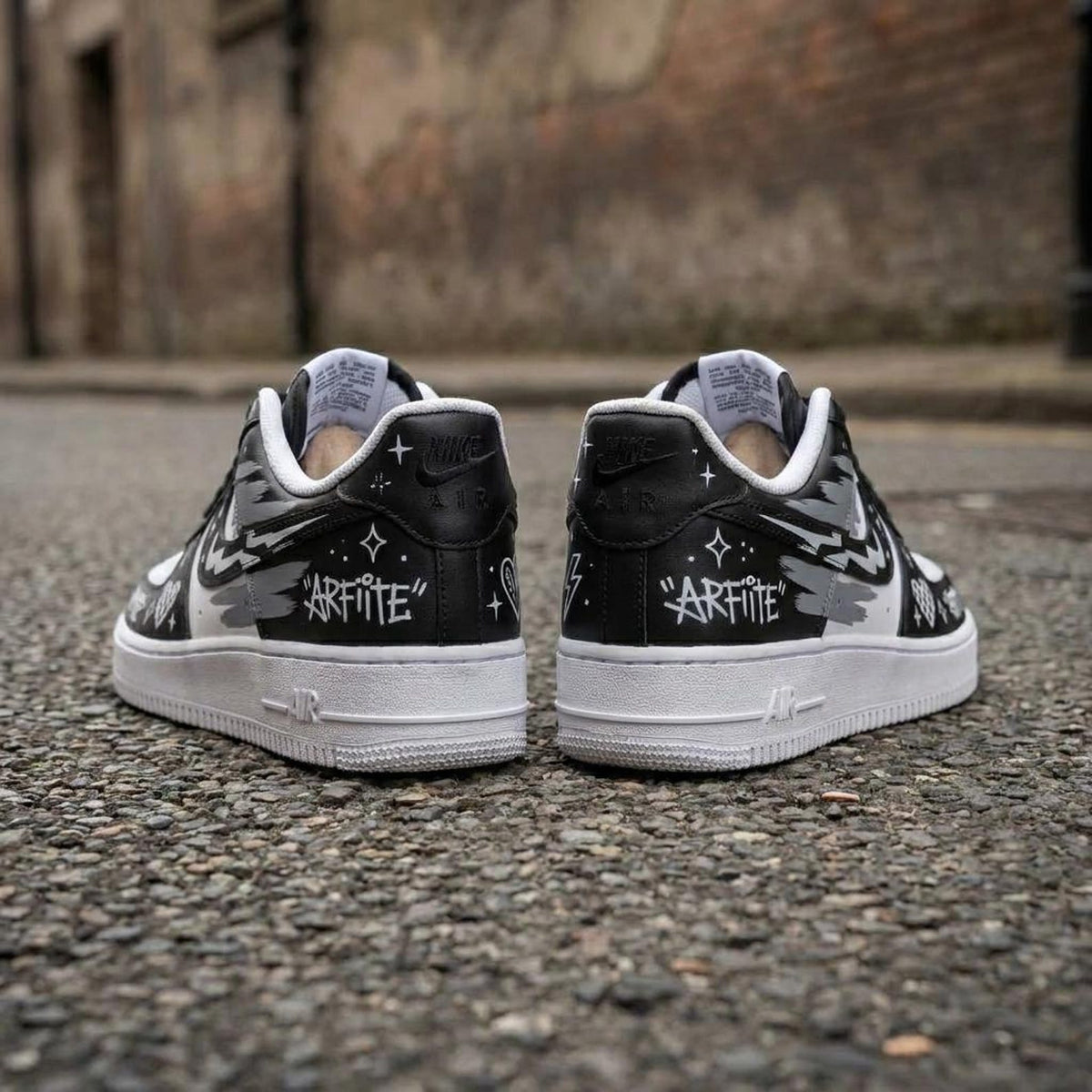 Custom AF1 Sneakers, Black White Graffiti Shoes, Hand Painted Doodle Streetwear