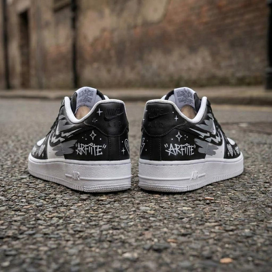 Custom AF1 Sneakers, Black White Graffiti Shoes, Hand Painted Doodle Streetwear