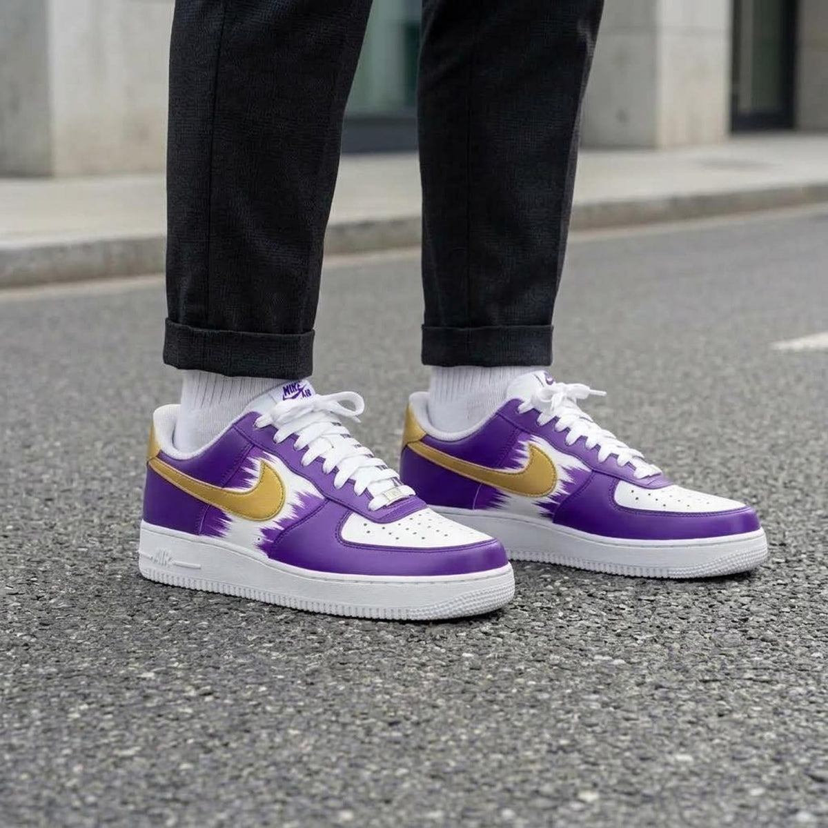 Custom Purple Sneakers, Metallic Gold Shoes, Hand Painted AF1, Unique Streetwear Gift