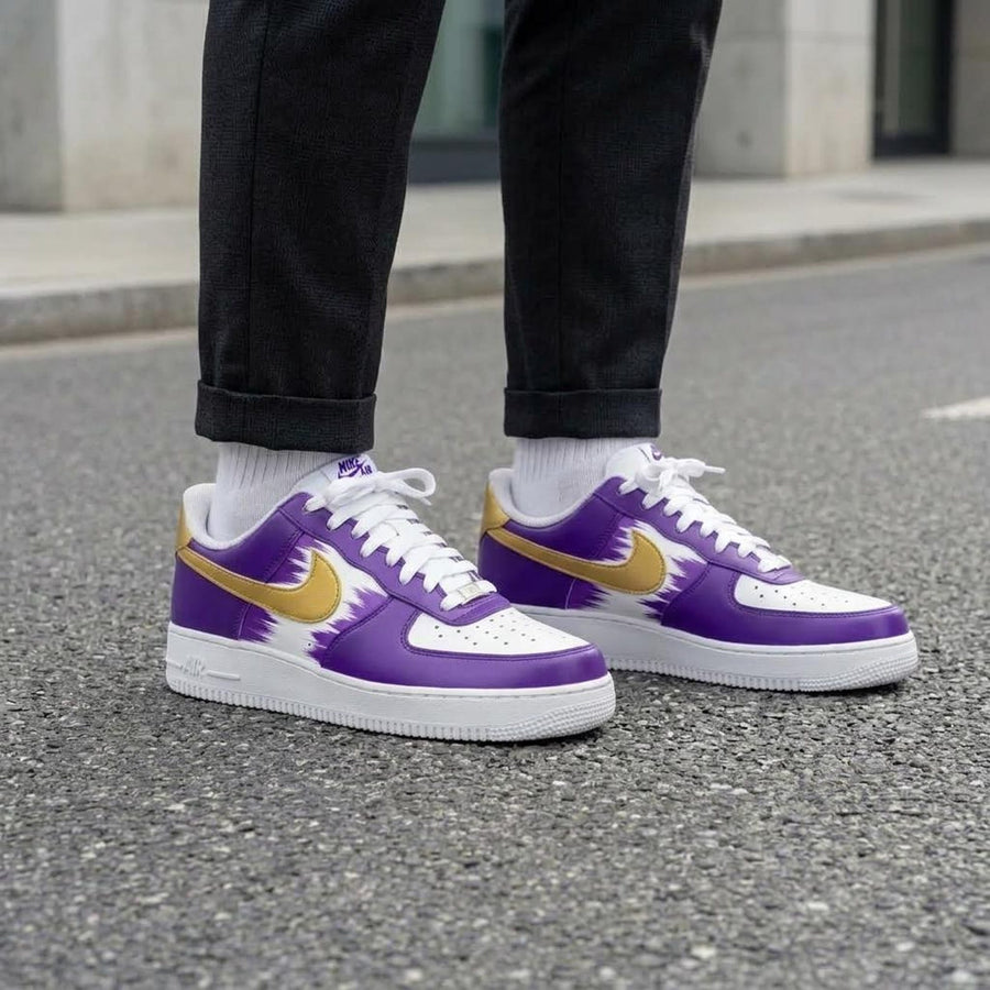 Custom Purple Sneakers, Metallic Gold Shoes, Hand Painted AF1, Unique Streetwear Gift