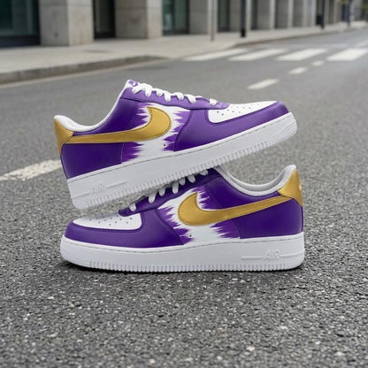 Custom Purple Sneakers, Metallic Gold Shoes, Hand Painted AF1, Unique Streetwear Gift