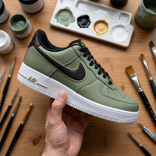 Custom Sage Green Sneakers, Hand Painted Luxury Streetwear Footwear, Black Swoosh