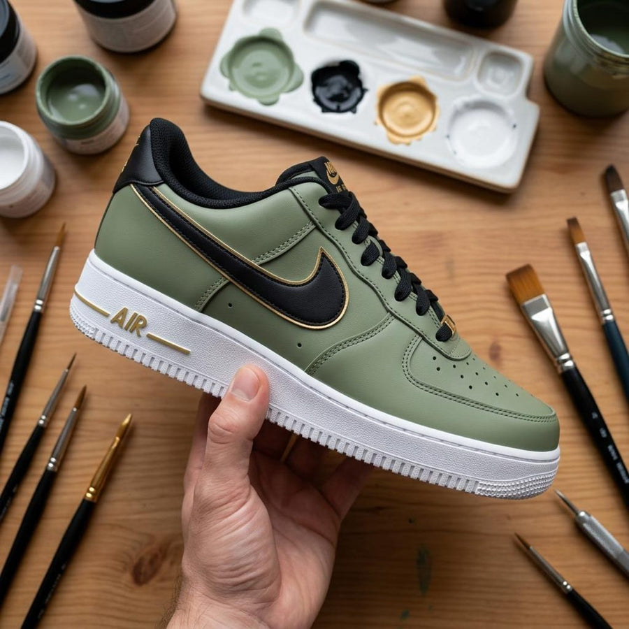 Custom Sage Green Sneakers, Hand Painted Luxury Streetwear Footwear, Black Swoosh