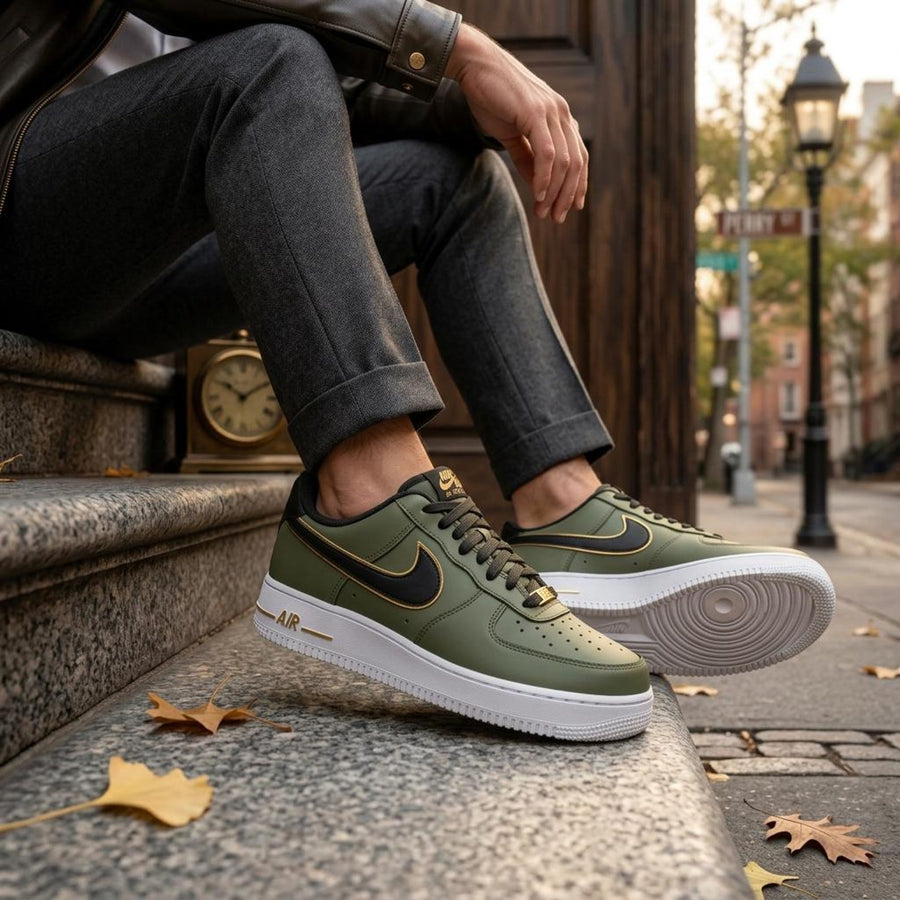 Custom Sage Green Sneakers, Hand Painted Luxury Streetwear Footwear, Black Swoosh